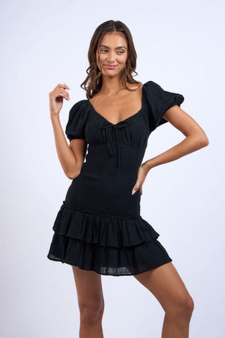 Black Puff Sleeve Mini Dress—perfect for sorority recruitment or rush week