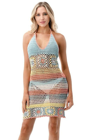 Mindy Pink and Blue Rainbow Crochet Swim Coverup Dress - Front View