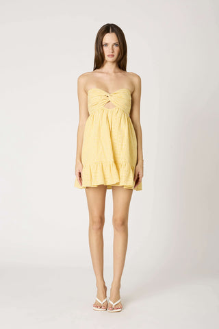 Yellow and white gingham strapless summer babydoll romper 