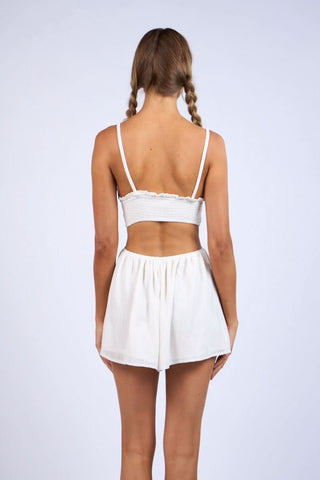 Back View Waist Cutout Detail on White Boho Cami Romper | Boho Pink
