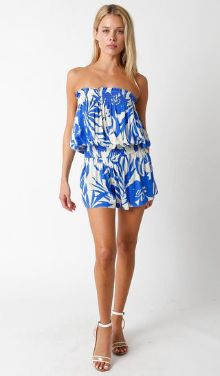 Myla Blue and Cream Floral Strapless Romper - Full Tropical Print Outfit View