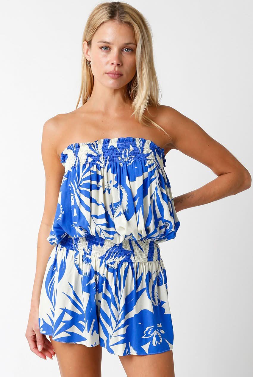 Myla Blue and Cream Floral Strapless Romper styled for coastal cowgirl.