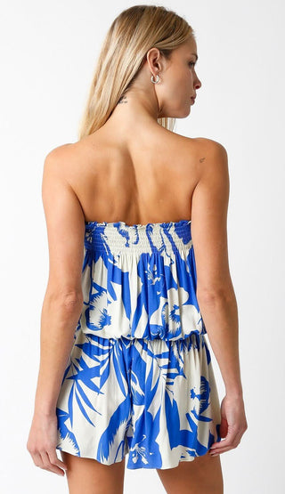 Myla Blue and Cream Floral Strapless Romper - Back View