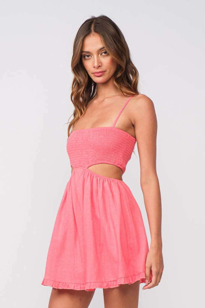 Sky To Moon Nadia Pink Cutout Mini Dress - Size L - Smocked Bodice & Adjustable Straps