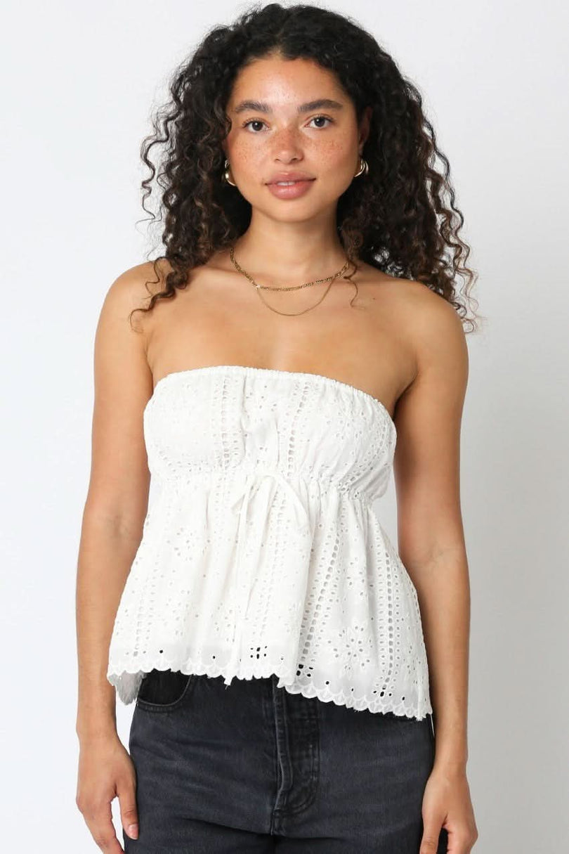 Nantucket White Eyelet Strapless Babydoll Top, styled as a flowy summer top.