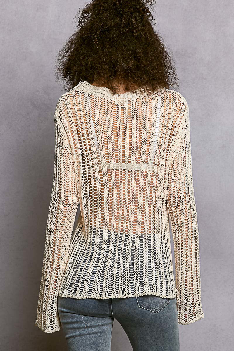 Back view of the Sola natural sheer sweater with drop shoulders