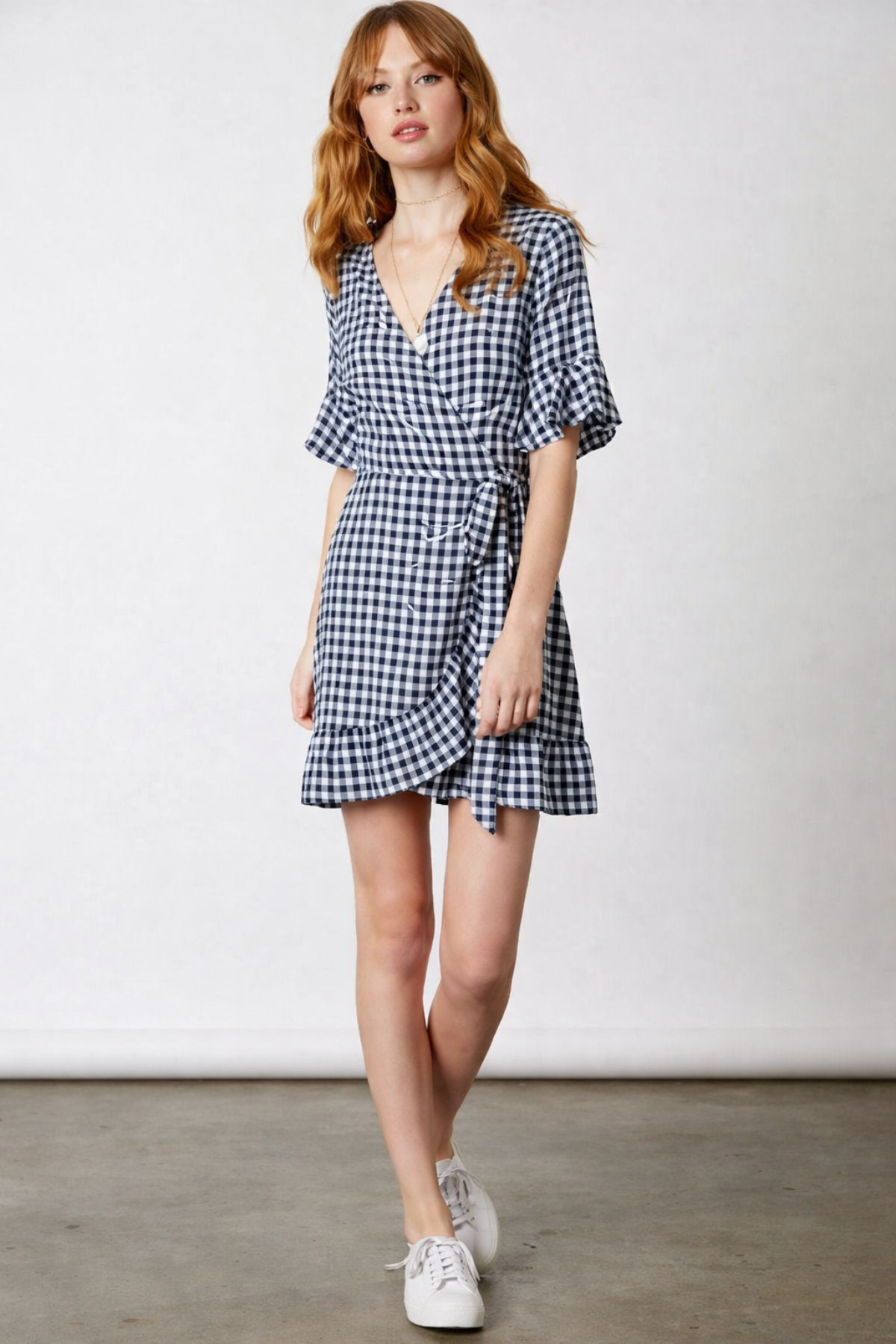 Courtney Navy and White Gingham Wrap Dress - Size L - Cotton Candy LA - Lightweight Mini Dress with Flounce Sleeves Courtney Navy and White Gingham Wrap Dress - Size L - Cotton Candy LA - Lightweight Mini Dress with Flounce Sleeves