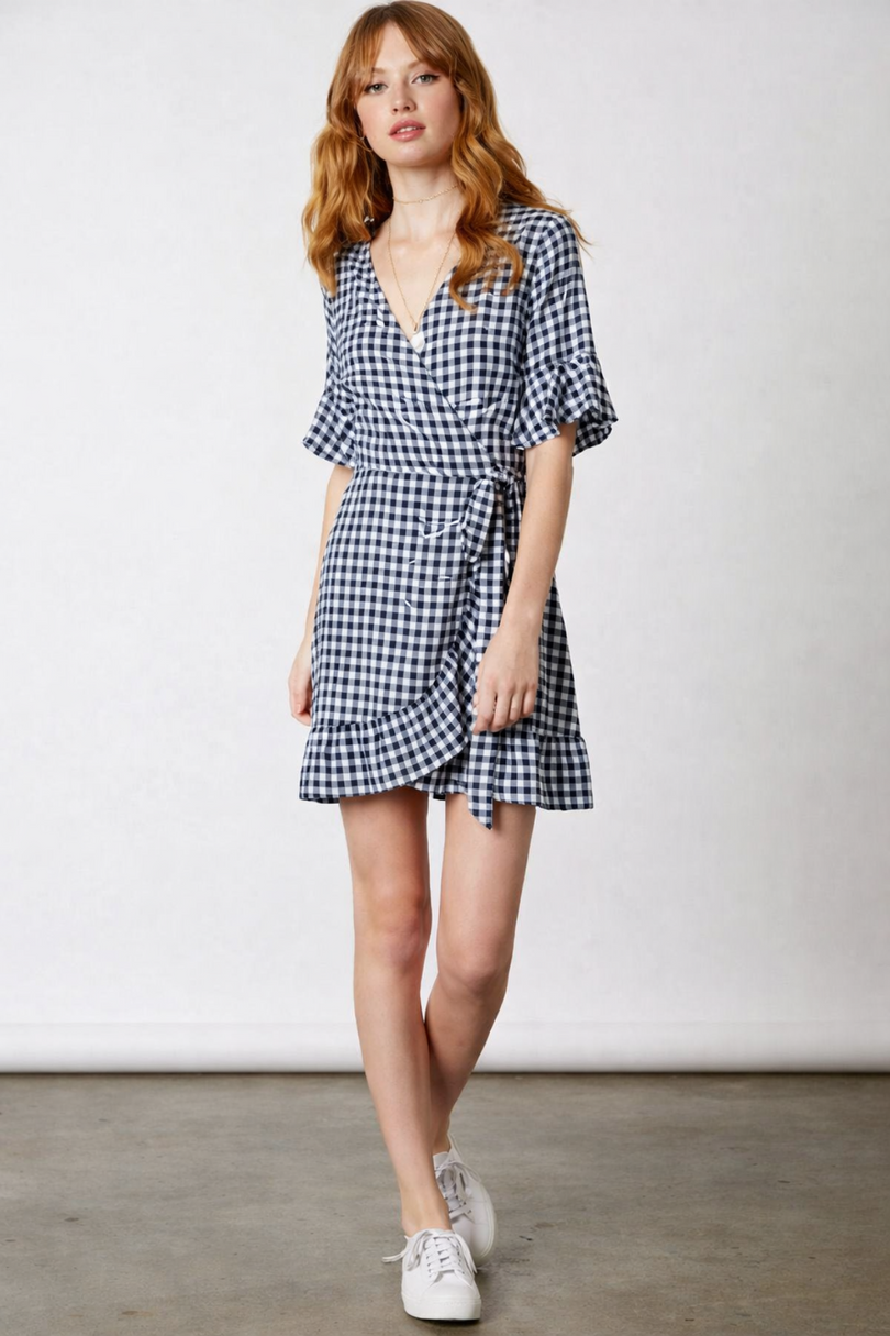 Navy and white gingham wrap mini dress front view