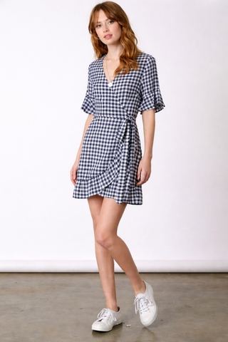 Navy and white gingham wrap mini dress outfit view