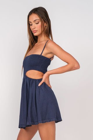 Nadia Navy Blue Cutout Mini Dress - Front View Showing Flared Mini Skirt