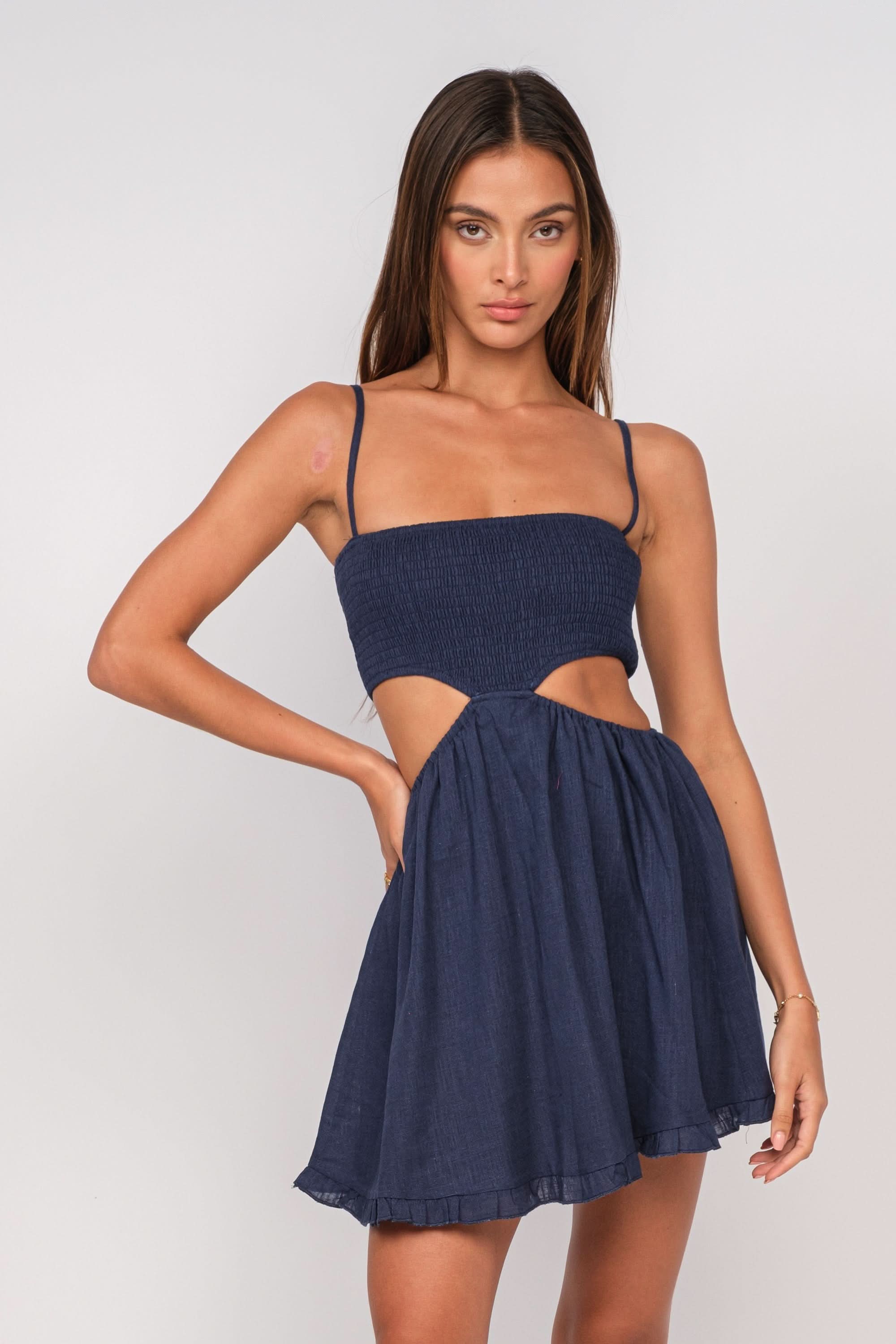 Nadia Navy Blue Cutout Mini Dress - Size L - Sky To Moon - Fit and Flare Design - 70% Linen, 30% Viscose Nadia Navy Blue Cutout Mini Dress - Size L - Sky To Moon - Fit and Flare Design - 70% Linen, 30% Viscose