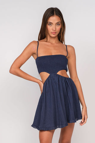 Nadia Navy Blue Cutout Mini Dress - Front Close-Up Showing Smocked Bodice and Cutout Waist