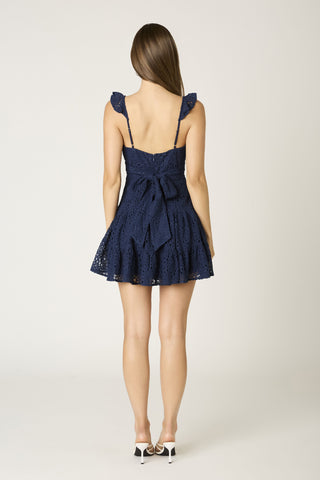 Ella navy lace summer dress back tie bow 