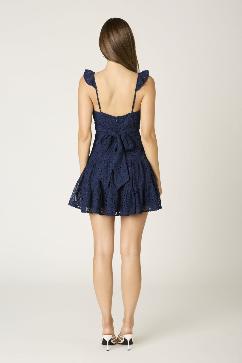 Ella navy lace summer dress back tie bow 