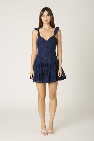 Navy floral lace sweetheart mini dress with tiered ruffle skirt