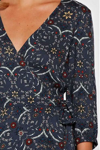 navy floral wrap maxi dress detailed view