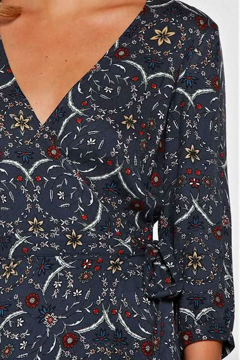 navy floral wrap maxi dress detailed view