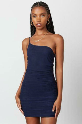 navy one shoulder bodycon mini dress with ruched fit front view