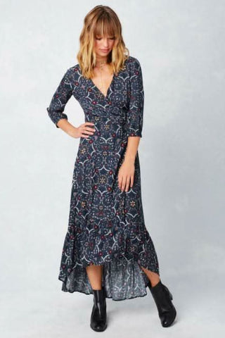 navy floral wrap maxi dress angled view