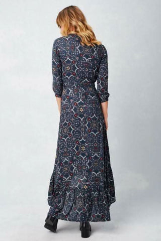 navy floral wrap maxi dress back view