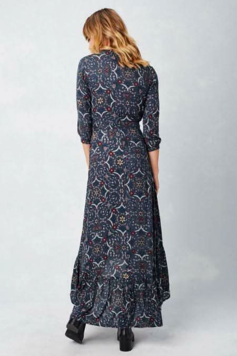 navy floral wrap maxi dress back view