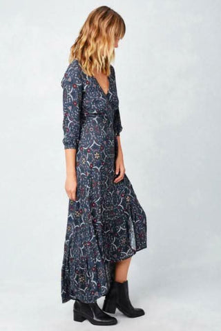 navy floral wrap maxi dress side view
