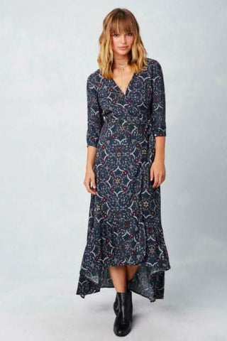 navy floral wrap maxi dress front view