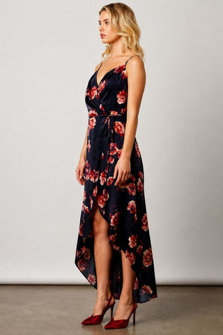 side view navy floral satin wrap dress high low hem detail