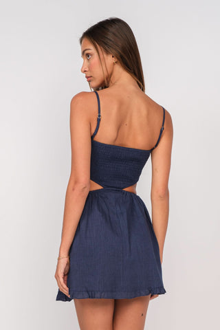 Nadia Navy Blue Cutout Mini Dress - Back View Showing Smocked Back and Side Cutouts