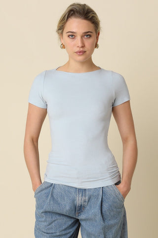 Niki Baby Blue Boat Neck Short Sleeve Knit Top - Front View