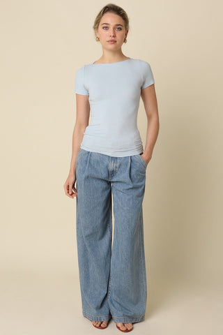 Niki Baby Blue Boat Neck Short Sleeve Knit Top - Outfit View