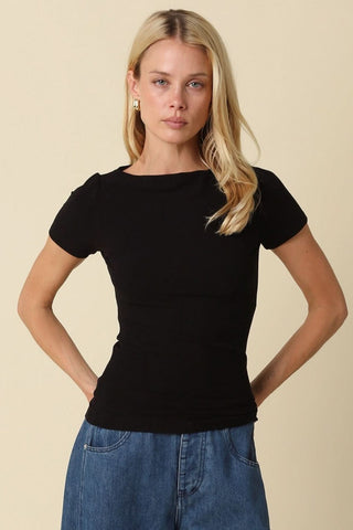 Niki Black Boat Neck Short Sleeve Knit Top - Front View