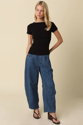 Niki Black Boat Neck Short Sleeve Knit Top - Model View