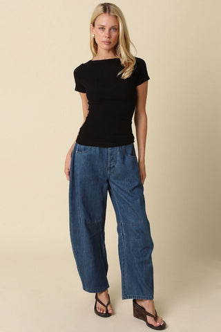 Niki Black Boat Neck Short Sleeve Knit Top - Outfit View