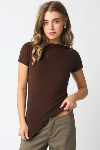 Niki Brown Boat Neck Short Sleeve Knit Top - Front View