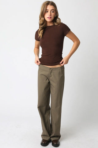 Niki Brown Boat Neck Short Sleeve Knit Top - Model View