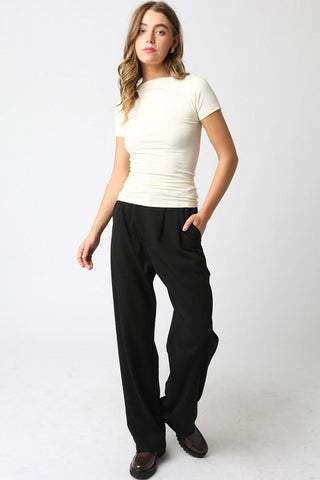 Niki Ecru Boat Neck Short Sleeve Knit Top - Fall Outfit View