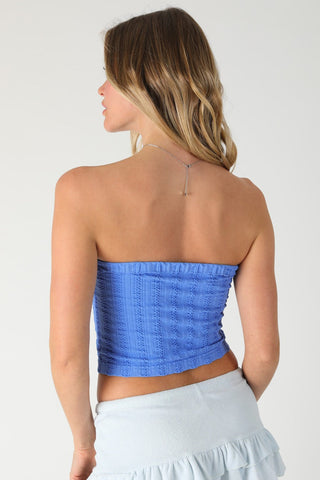 blue strapless crop top back view seamless fit
