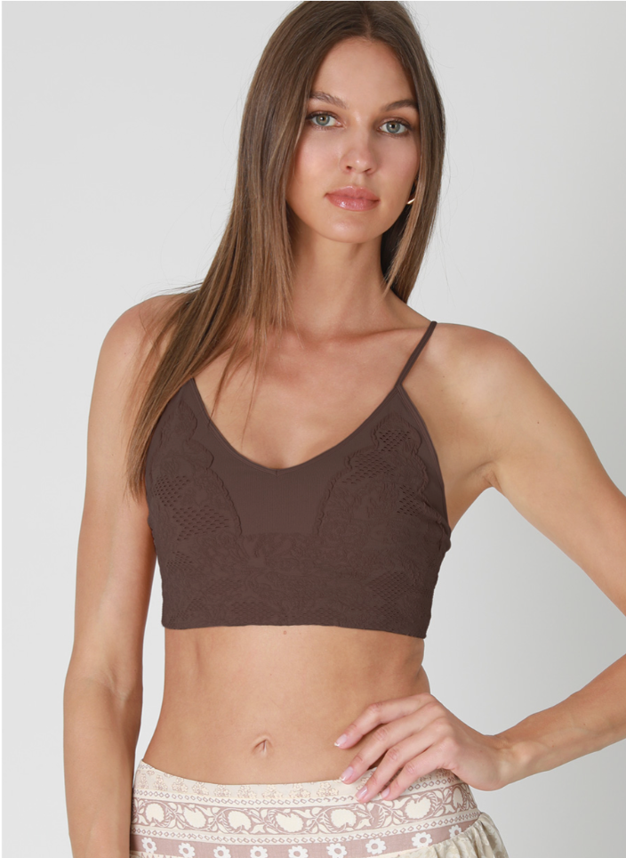 NIKIBIKI Brown Lace Embroidered Bralette - Front View