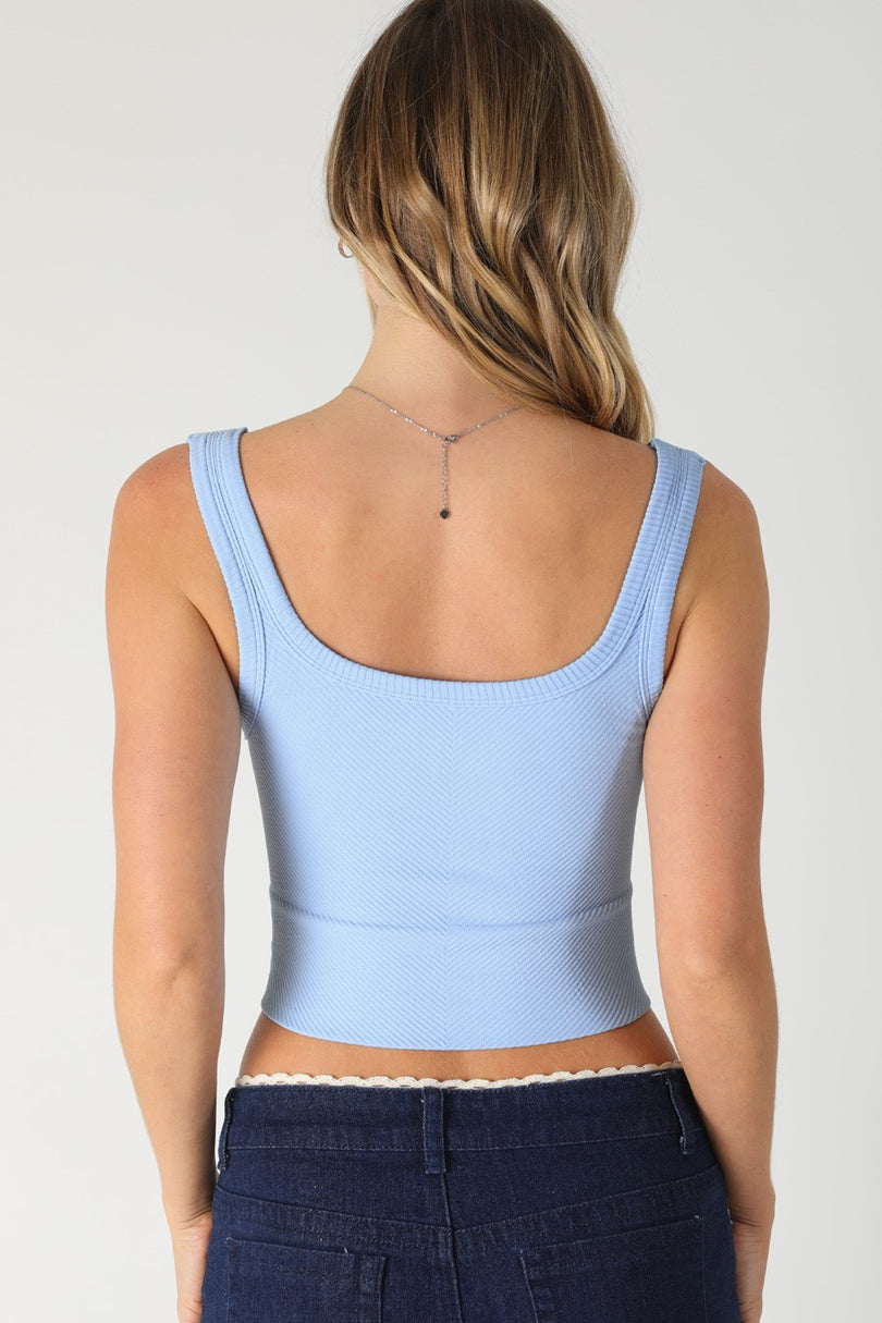 Back view of the supportive light blue chevron tank, perfect for a bra-free activewear look