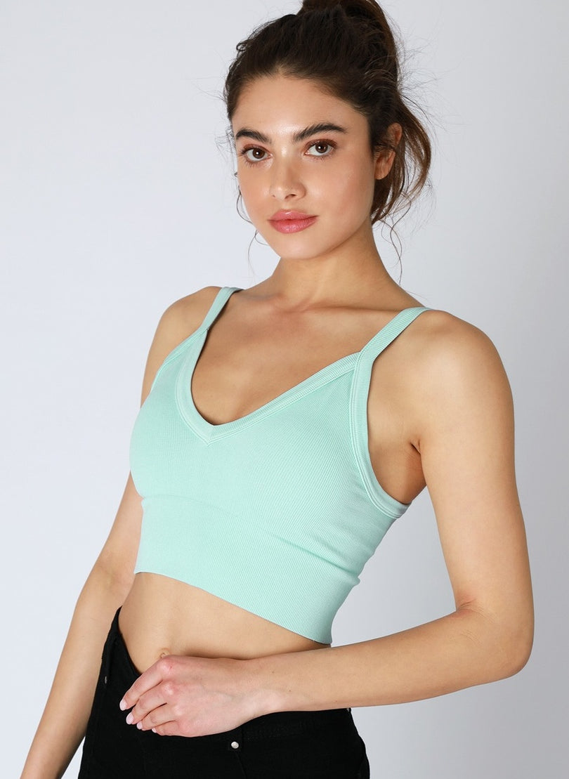 NIKIBIKI Island Aqua Vintage V-Neck Cropped Tank in ribbed knit with a supportive bra-less fit
