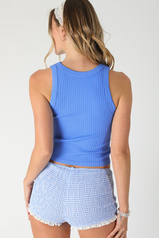 NIKIBIKI marina blue ribbed high neck tank top back view