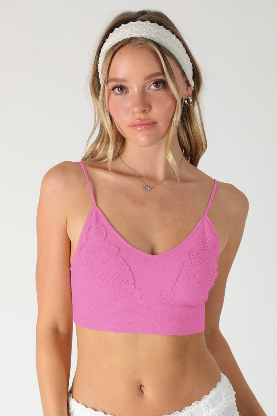 Nikibiki orchid pink lace embroidered bralette front view