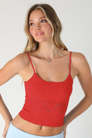 Red lace cropped tank top by NIKIBIKI front view