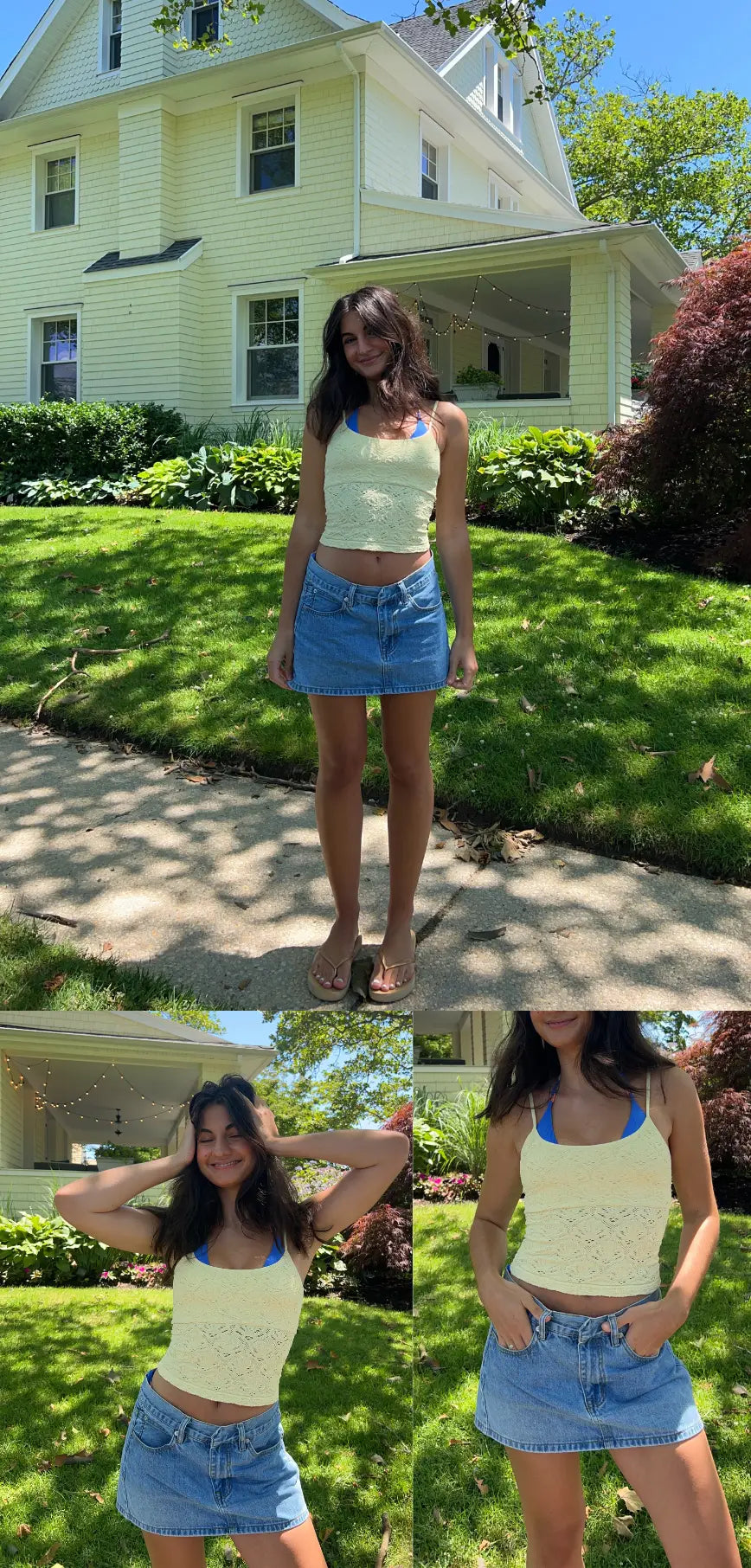 A woman modeling a pale yellow textured halter crop top and a denim mini skirt in an outdoor residential setting, shown in a main photo and two smaller detail photos.
