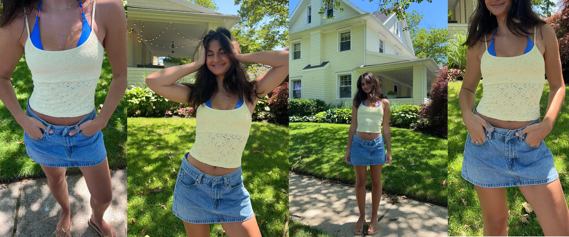A four-panel outdoor photo collage showing a woman modeling a sleeveless pale yellow crochet tank top with blue trim and a light blue denim mini skirt in front of a house.