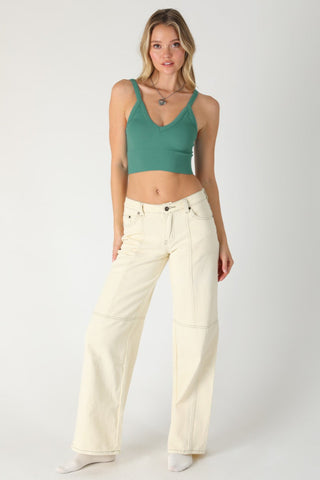Nikibiki teal ribbed v-neck crop top full length view
