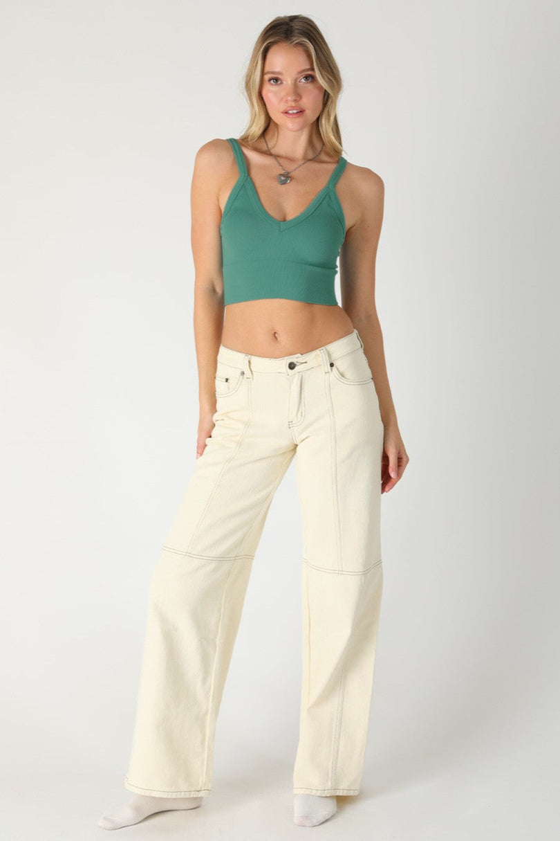 Nikibiki teal ribbed v-neck crop top full length view