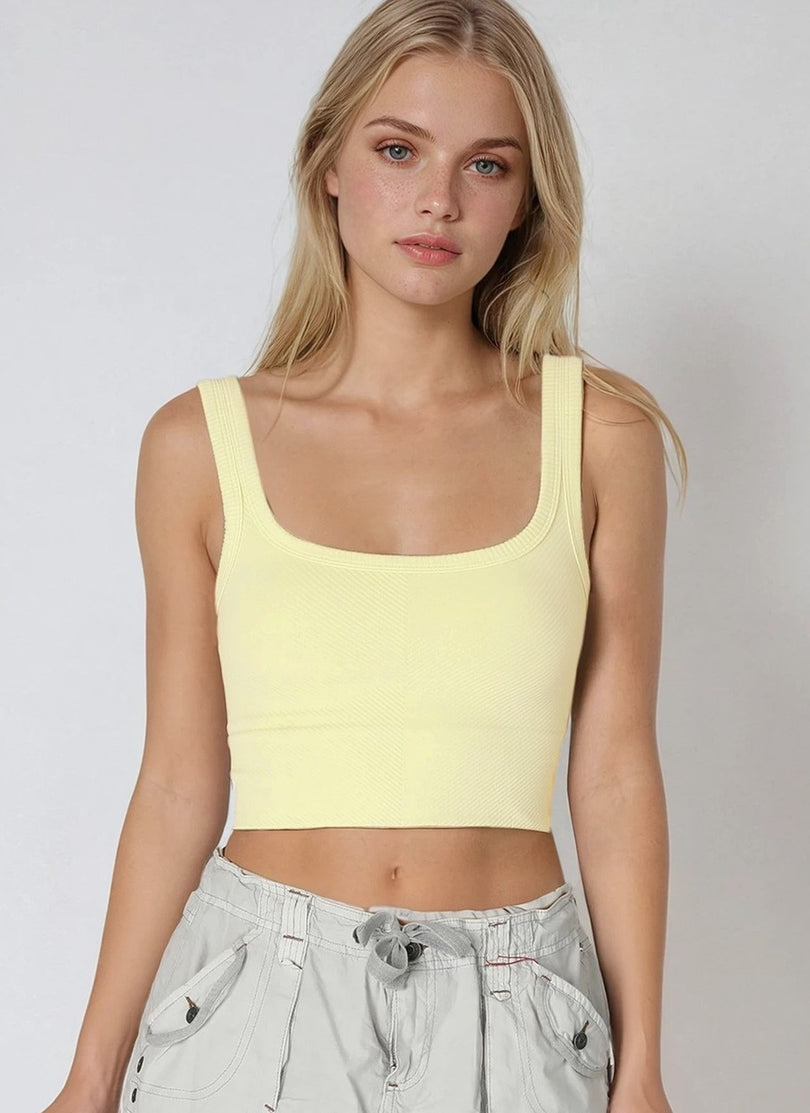 NIKIBIKI Yellow Cropped Chevron Tank with a square neckline and supportive bra-free fit