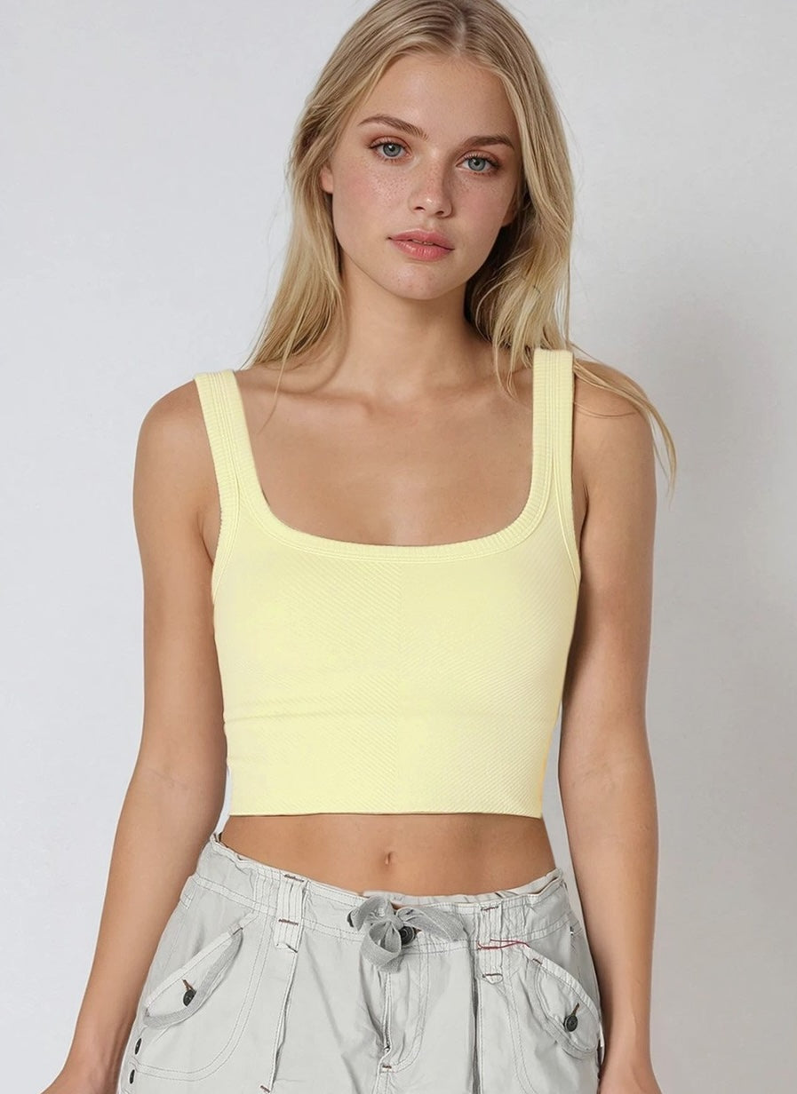 NIKIBIKI Yellow Cropped Chevron Tank with a square neckline and supportive bra-free fit